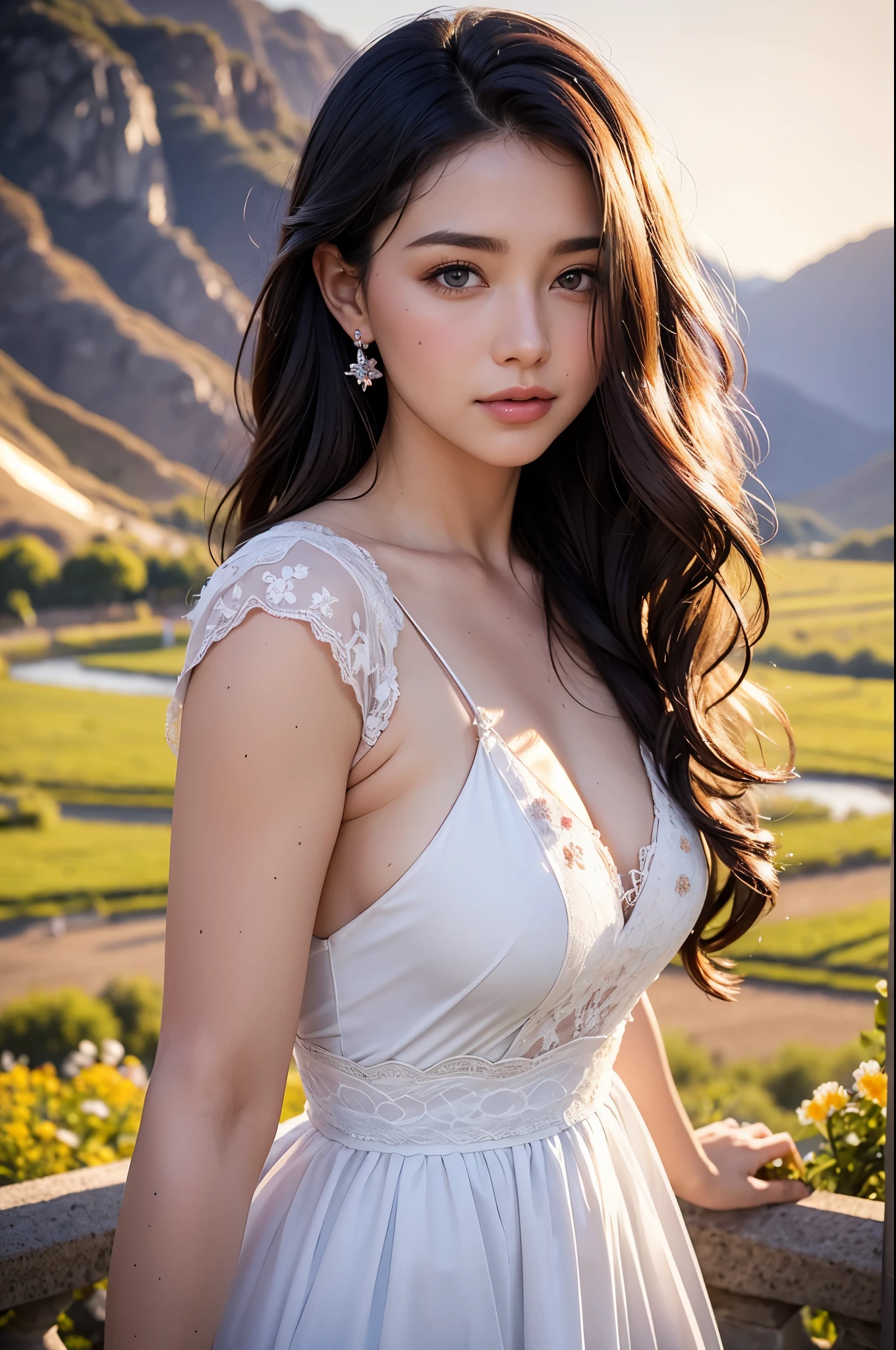 Best quality, masterpiece, ultra high res, waist up, photorealistic, Beautiful girl, girl at the flower field, mountains, detailed eyes, detailed, pale skin, bokeh