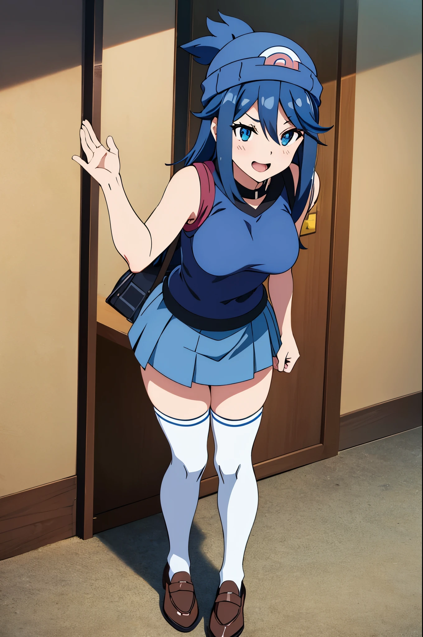 1 woman, medium sized breasts, winking face, shy and bluffing, dawn hikari pokémon, dawn character, pokémon beanie, dark blue hair, sleeveless shirt, boxed pleated skirt, white thigh-highs, loafer shoes.
