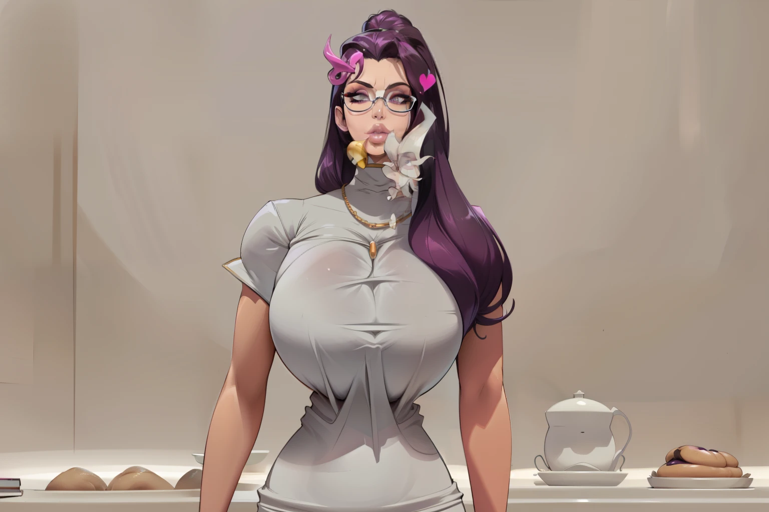 Kim kardashian, glasses, high cheekbones, pink lipstick, big lips, full lips, pouting, pouting lips, tall, curvaceous, small waist, big hips, hip dips, large breasts, big breasts, sagging breasts, long legs, Best quality, 8k, Masterpiece, realistic, photorealistic, nagatiti(Gigantic Breasts:1.6)(hanging breasts: 1.5)