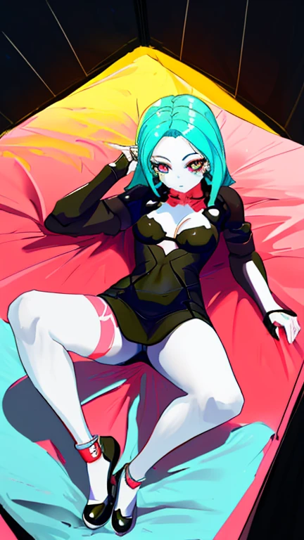 there is a woman that is laying down on a bed,holding an pistol {{block 9mm}}, Guviz-style artwork, style of anime4 K, Ross Tran 8 K, Digital cyberpunk anime art, Guweiz in Pixiv ArtStation, Guweiz on ArtStation Pixiv, e - girl, E-Girl, cyberpunk anime girl, Fanart Meilleure ArtStation,transparent black dress, looking from above (ceiling)