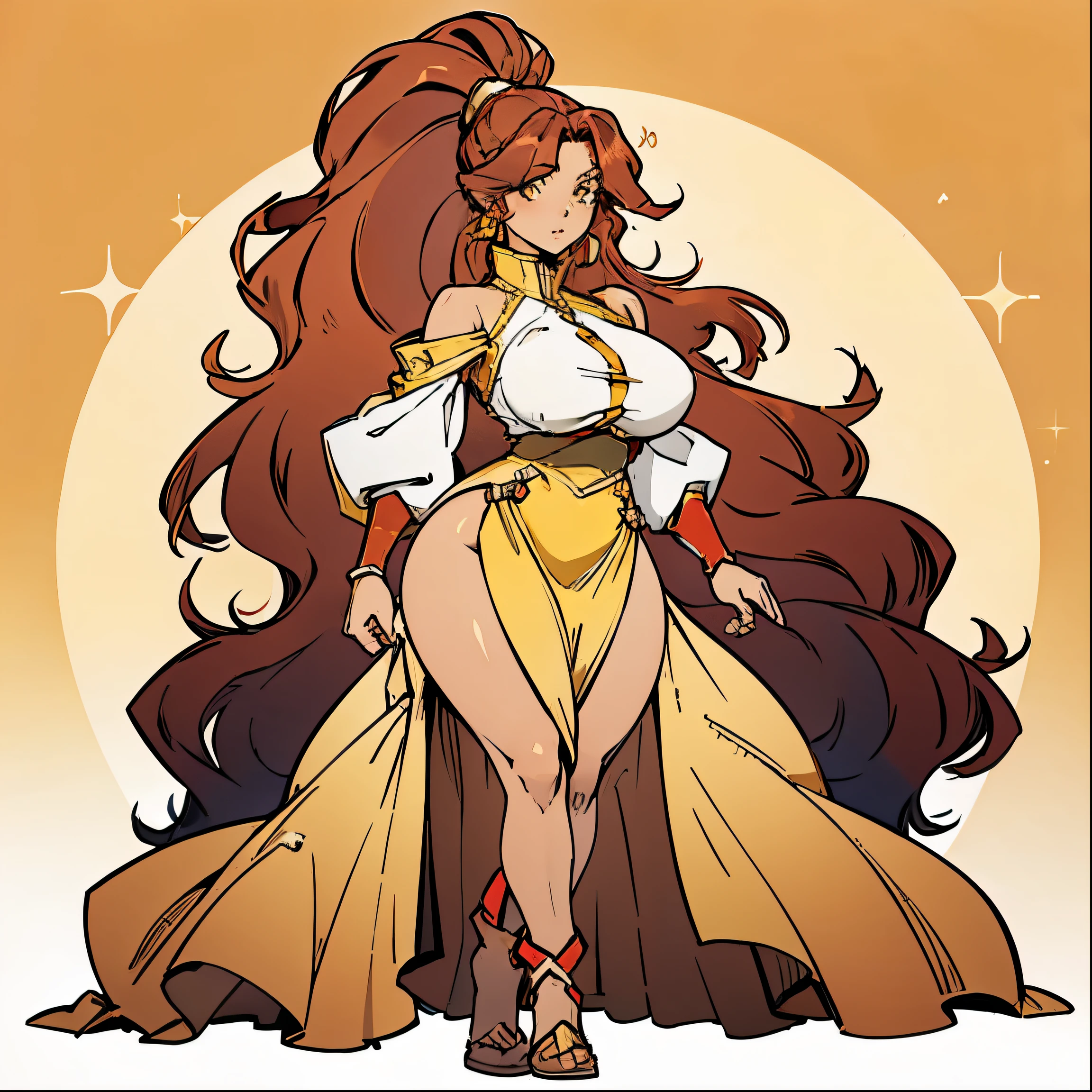 ((masterpiece,best quality)), Brown skin, yellow eyes, long red hair, big breasts, big hips, hair between eyes, hair flares out, 1girl, solo, brown-skinned female, red-haired female, front view, plump thighs, ponytail, dress