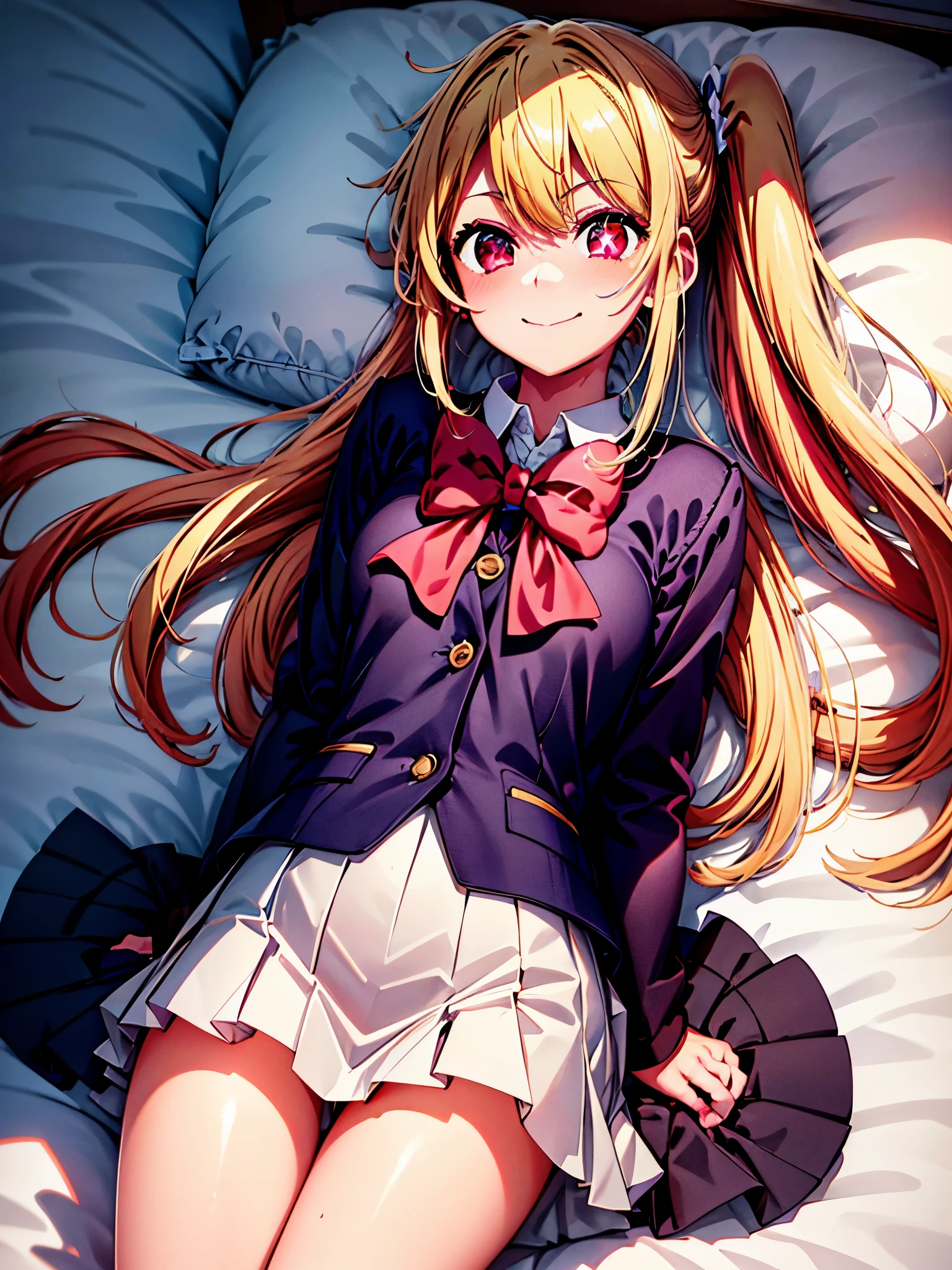 masterpiece, high quality, highres, 1girl, solo,
ChopioRuby, red eyes, blonde hair, long hair, side ponytails, sidelocks, (mismatched pupils, star-shaped pupils), (looking at viewer:1),
smile, medium breasts, bedroom, pillow, bed, bed sheet, on bed, on back, from above, head on pillow, 
school uniform, uniform2, shirt, bow, jacket, white shirt, collared shirt, bowtie, red bow, blazer, blue jacket,