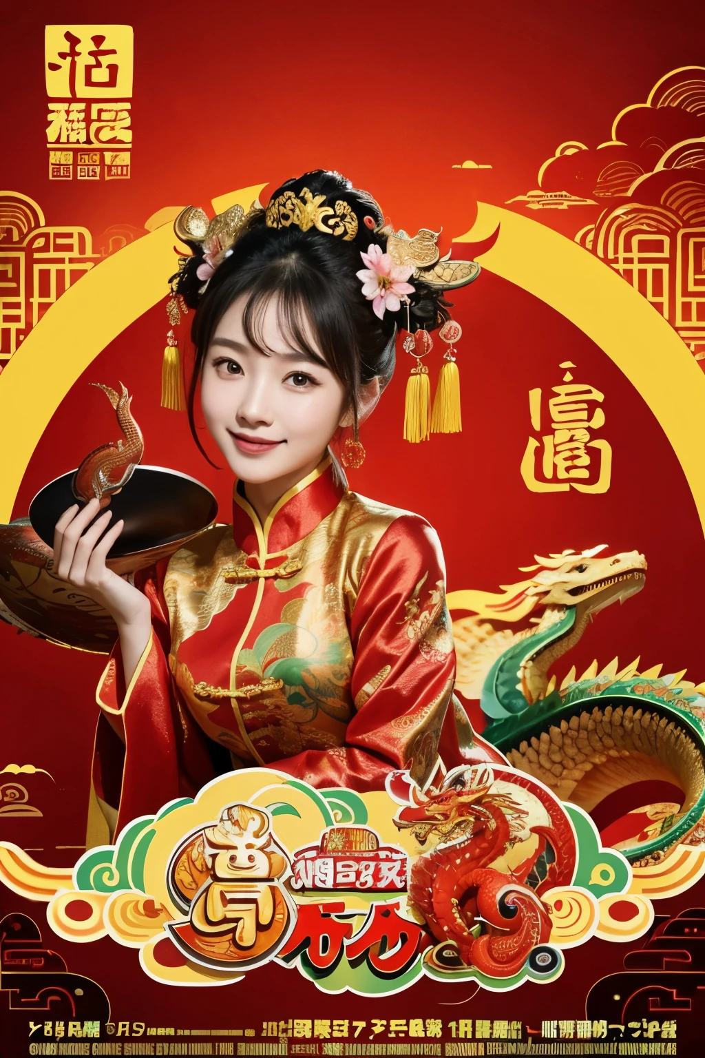 CNY，A Chinese girl wearing dragon dance clothes，The head emerges from the dragon&#39;s mouth and smiles，There is also a dragon body in the background，Chinese streets，poster design、best quality, The best artwork, A variety of vibrant colors, Creative，natural soft light, of hues，HD real people，Font Chinese Simplified，Happy Chinese New Year，The Year of the Dragon is auspicious