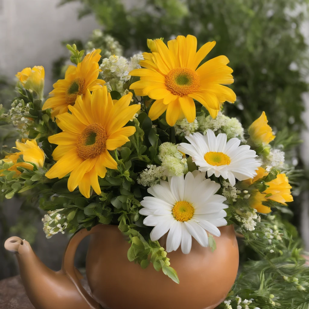 there is a bouquet of yellow bouquet, yellow, close view, Moneyen flowers, yellow たくさん、flowers, niceな,, yellow、Green leaves、bouquet, flowers, orange flowers,with yellow flowers around it, Money flowers, yellow orange, flowers!!!!, Happy!!、beautiful、nice、Money、light、bouquet、total