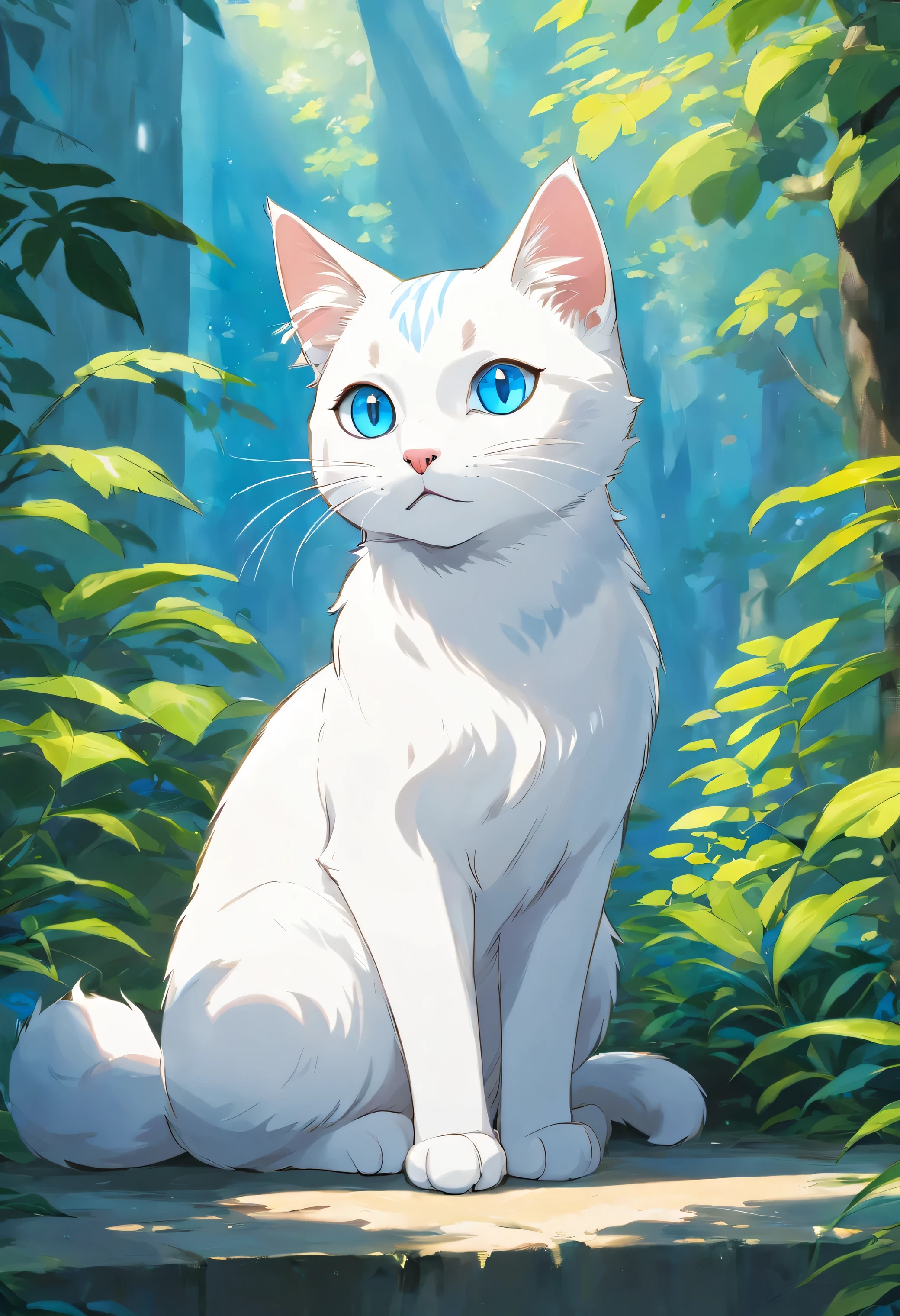 A cute white cat with glossy blue eyes,looking to another side, full body, detailed, sitting,vivid colors, cute,Black and white tabby cat,Lazy,Love to be coquettish, simple background