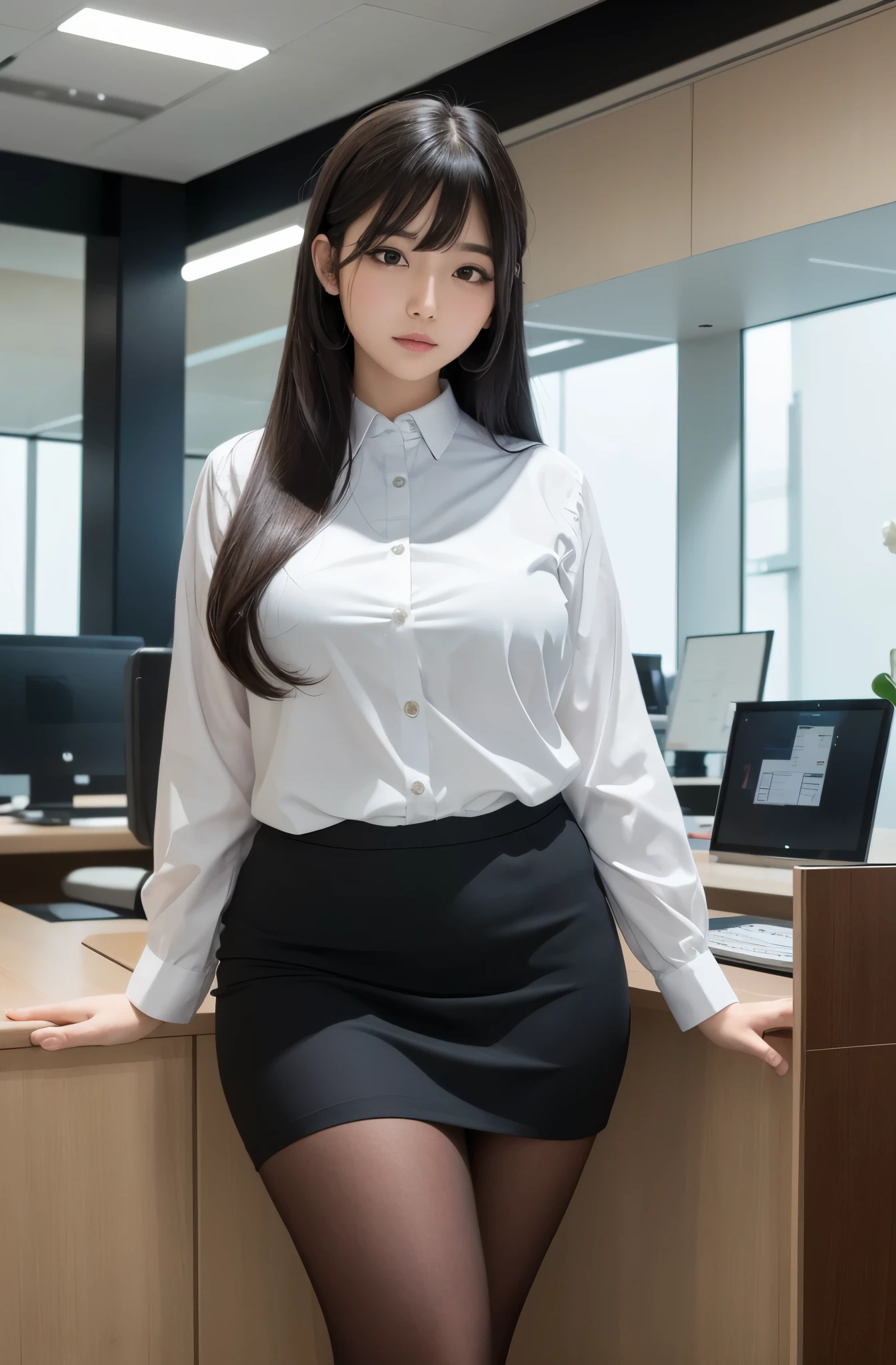 masterpiece, best quality, extremely detailed, (8K, 4K, Best Quality, hight resolution, 超A high resolution:1.1), (masterpiece, Realistic, Photorealsitic:1.1), Japaese  girl,Plump , control panels,information office,japanese receptionist ,Black hair,Blunt bangs,miniskirt,dress shirts,dark black tights,She is in information counter,