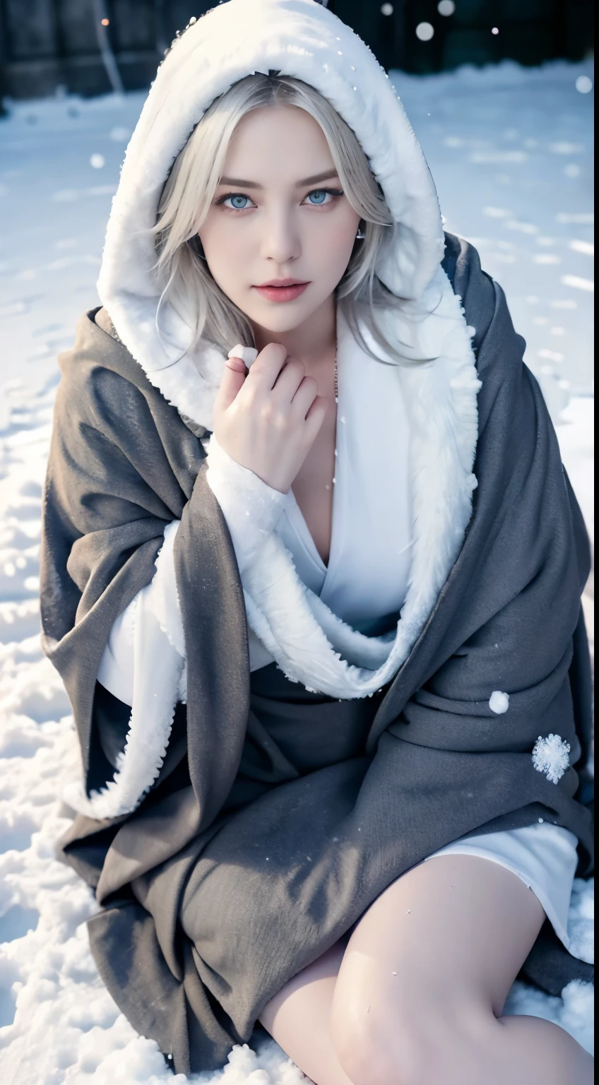 (8K, RAW photo, Photorealistic:1.4)， high resolution, 1 Women, Solo,。Sitting ， Beautiful eyes, White hair, ringed eyes, (sitted，Cloak，Cover with snow，Heavy snow:1.3)，snowfield，Outside the castle，Correct anatomy，show  nipples, show vagina, open legs:1.3