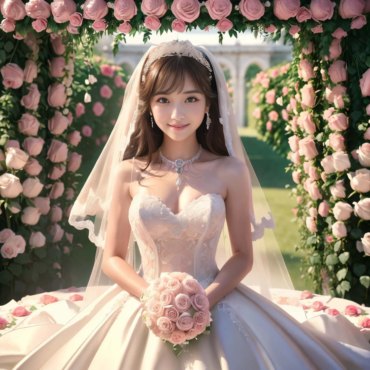 (table top、highest quality、8K、very detailed and intricate details、The most complex and detailed textures、Ultra high definition)、(very young girl in a wedding dress:1.2)、(Big breasts that are about to burst:1.2)、bride'upper body photo、perfect camera gaze、the best smile when you look at me、(Top quality giant tiara:1.1)、highest qualityの巨大なネックレス、(giant rose arch:1.3)、(surrounded by many roses:1.5)、(bride filled with lots of roses:1.5)、surrounded by flowers、(bride surrounded by lots of pink and white roses:1.2)、detailed background、gorgeous church wedding