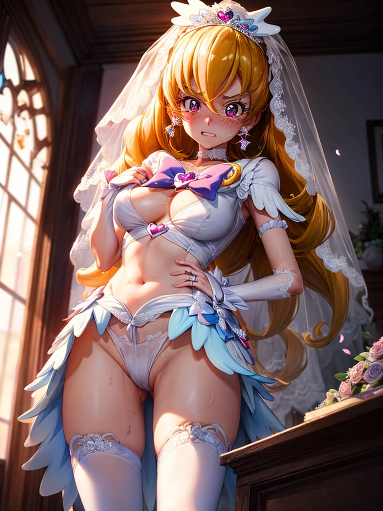 hight resolution, top-quality, ultra-quality, The ultra-detailliert, lighting like a movie、full of sweat、Wearing sweat、(((((sexy precure wedding)))))、、、(My whole body is sweaty、after sex、spread legs and show off pussy、not wearing underwear、accurate anatomy、beautiful nipples、protest、angry face、blush、masturbation、Show your)、Obscene atmosphere、Front Camera Angle