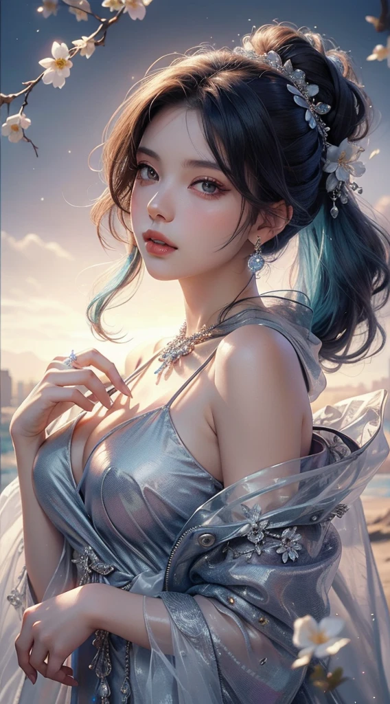 4K, A high resolution, ultra-detailed, masterpiece, Elegant dynamic portrait,a stunning beautiful girl, big breasts, long hair, Blue hair tied up elegantly, Decorate with jewelry, a diamond necklace, (Put on a big cloak), Clear purple eyes, beautiful and clear eyes, delicate necklace, delicate earrings (Hair decorated with delicate flower arrangements, crystal jewelry string), (looking at viewer)