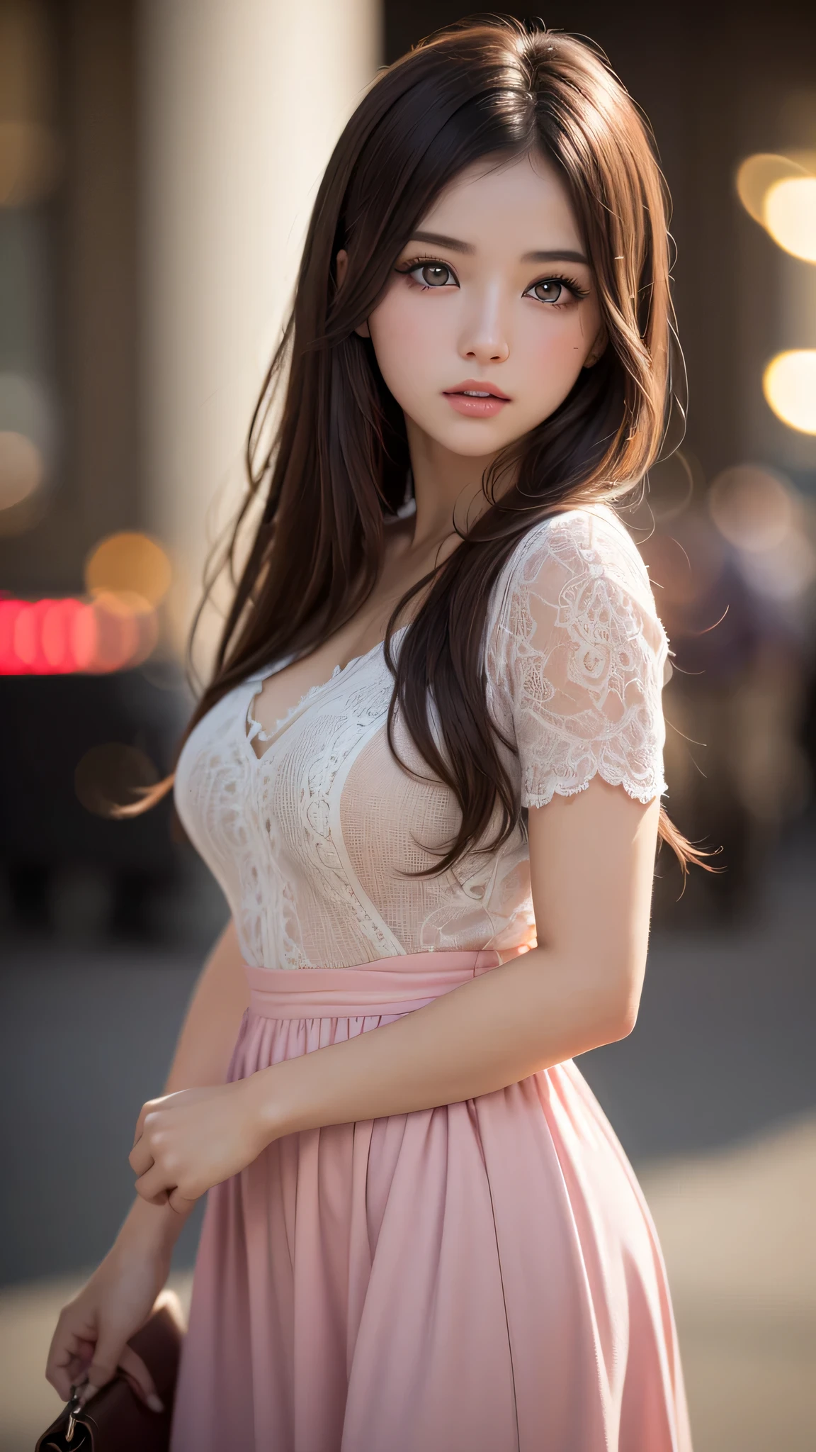 ((1girl)), Brown hair, Amazing face and eyes, Pink eyes, (amazingly beautiful girl), Brown hair, ((Best Quality)), (Ultra-detailed), (extremely detailed CG unified 8k wallpaper), Highly detailed, High-definition raw color photos, Professional Photography, (((Bokeh))), depth of fields,