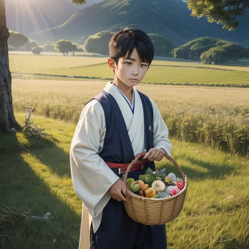 High resolution, Super detailed, masterpiece, highest quality,oriental、boy、boy working in the field、grassland、Basket Bag、Wearing traditional Japanese costumes、game poster、alone、