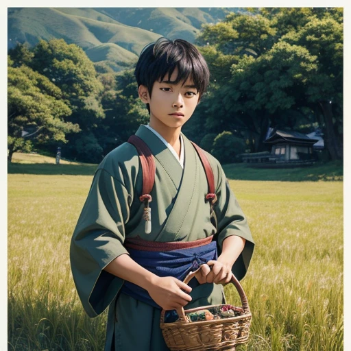 High resolution, Super detailed, masterpiece, highest quality,oriental、boy、boy working in the field、grassland、Basket Bag、Wearing traditional Japanese costumes、Japan ancient hairstyles、game poster、alone、