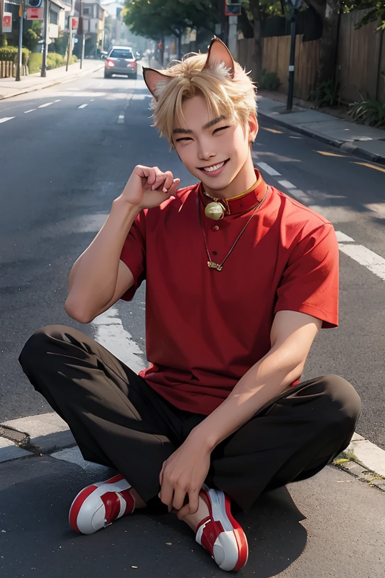 Asian man with cat head, blond hair, cat tail, red collar with bell, sitting in cat pose, smiling with teeth on the side of the road.