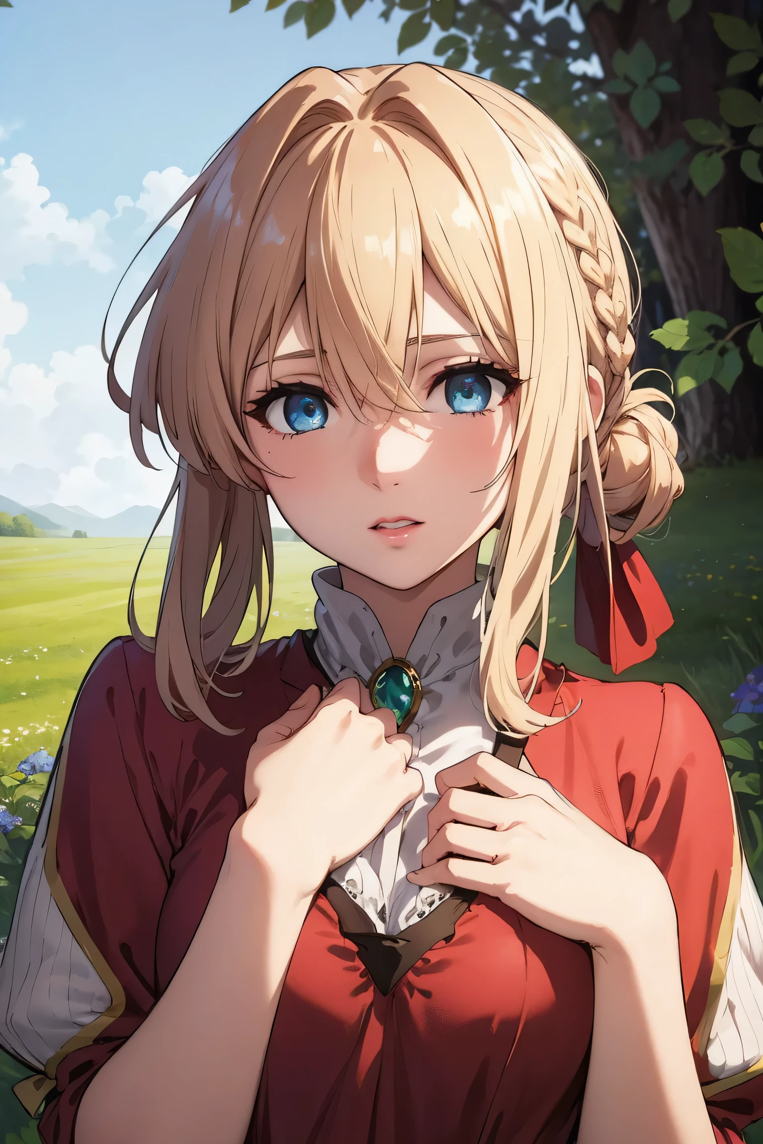 violet evergarden, braid, hair ribbon, red ribbon, jewelry,
BREAK (red dress:1.2),
BREAK wariza, hand on own chest, 
BREAK grass, field, flower
BREAK (masterpiece:1.2), best quality, high resolution, unity 8k wallpaper, (illustration:0.8), (beautiful detailed eyes:1.6), extremely detailed face, perfect lighting, extremely detailed CG, (perfect hands, perfect anatomy),