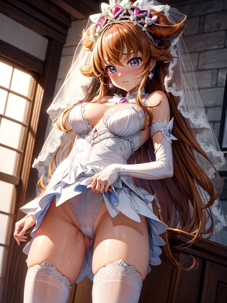 hight resolution, top-quality, ultra-quality, The ultra-detailliert, lighting like a movie、full of sweat、Wearing sweat、(((((sexy precure wedding)))))、、、(My whole body is sweaty、after sex、spread legs and show off pussy、not wearing underwear、accurate anatomy、beautiful nipples、protest、angry face、blush、masturbation、Show your)、Obscene atmosphere、Front Camera Angle