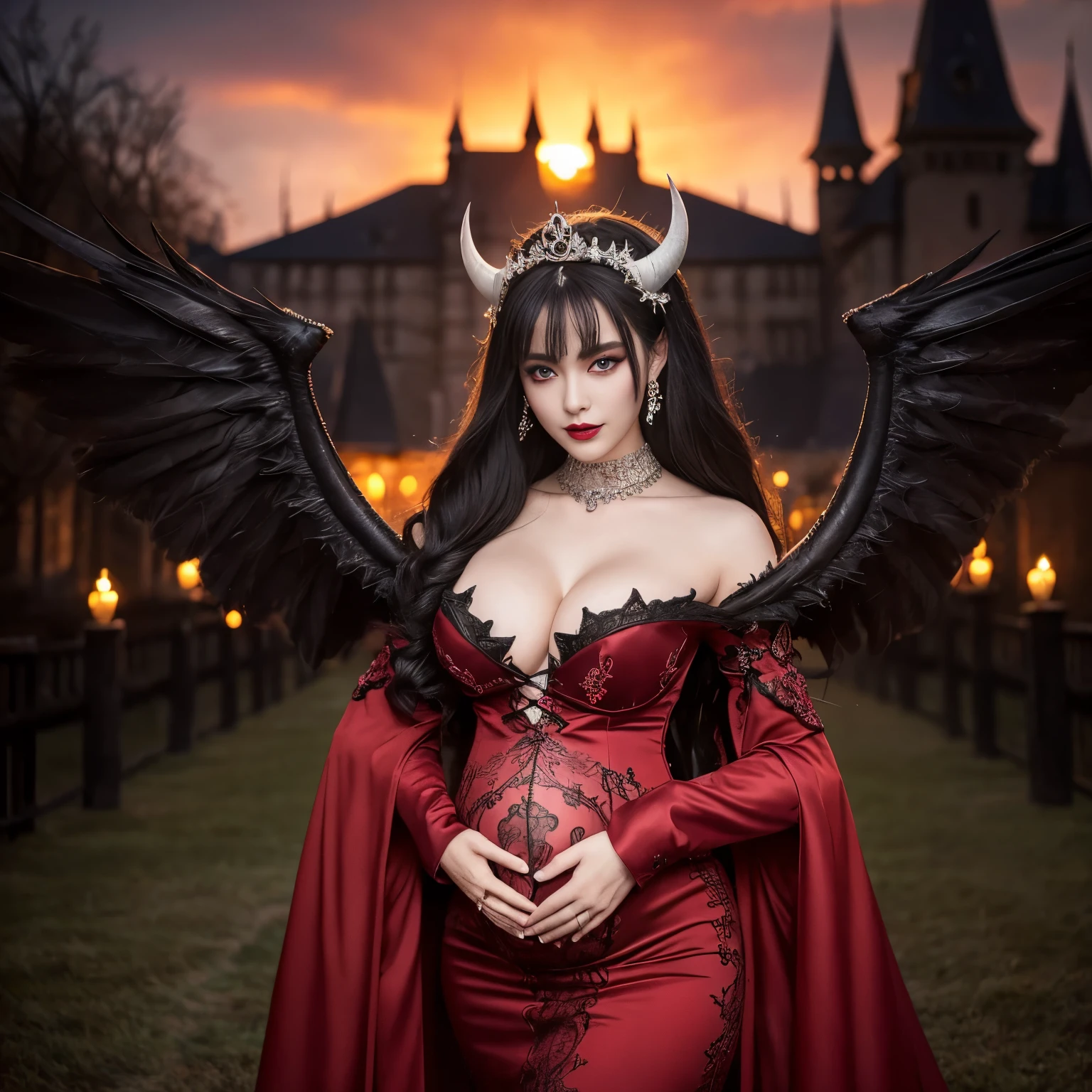 (highest quality、masterpiece、Award-winning work、best image quality、highest resolution、8K、Ultra high definition)、the most beautiful devil princess、(the most extravagant demon princess'The finest dresses:1.1)、(the most luxurious and majestic costumes:1.1)、(The most complex and detailed textures:1.1)、(The finest evil dress with the most detailed and intricate decoration:1.1)、(The most luxurious and highest quality giant tiara:1.1)、(The most luxurious and highest quality giant necklace:1.1)、(The most realistic and intricately textured rough devil horns:1.1)、(Wings with the most detailed and intricate textures:1.3)、(Lumpy creepy wings with the most realistic texture:1.1)、(thick, Hard wings with a very complex and fine texture:1.1)、(Fine jewelry decoration throughout the body:1.1)、A bewitching smile staring at me、(pregnancy:1.1)、Evil tattoo、Evil decoration、finest costumes、enchanting devil princess、big breasts、perfect makeup、evil eyeshadow、long eyelashes、black lipstick、accurate anatomy、cowboy shot、(blurred background)、Exterior of the most luxurious and huge European castle in the background、The most evil and creepy European castle exterior in the background、Spooky decoration、Evil decoration、creepy and evil look、fantastic bright sunset、the most beautiful vivid sunset、romantic sunset、epic movie lighting、romantic and moody