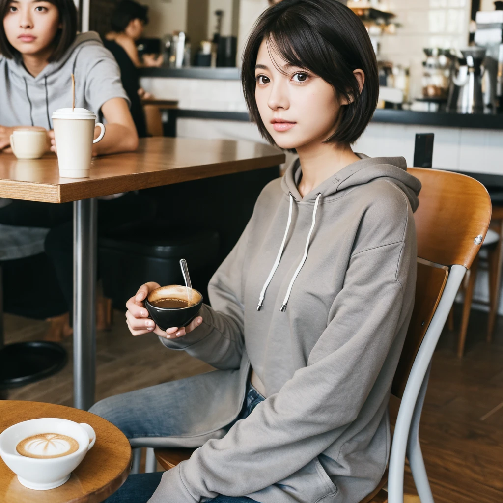(realistic、High resolution:1.3)、There is only one girl with a perfect figure、No one else、super thin face and eyes、short hair、Tank top、at the cafe、coffee on the table、C cup、Wearing a gray hoodie、sitting perfectly in the chair
