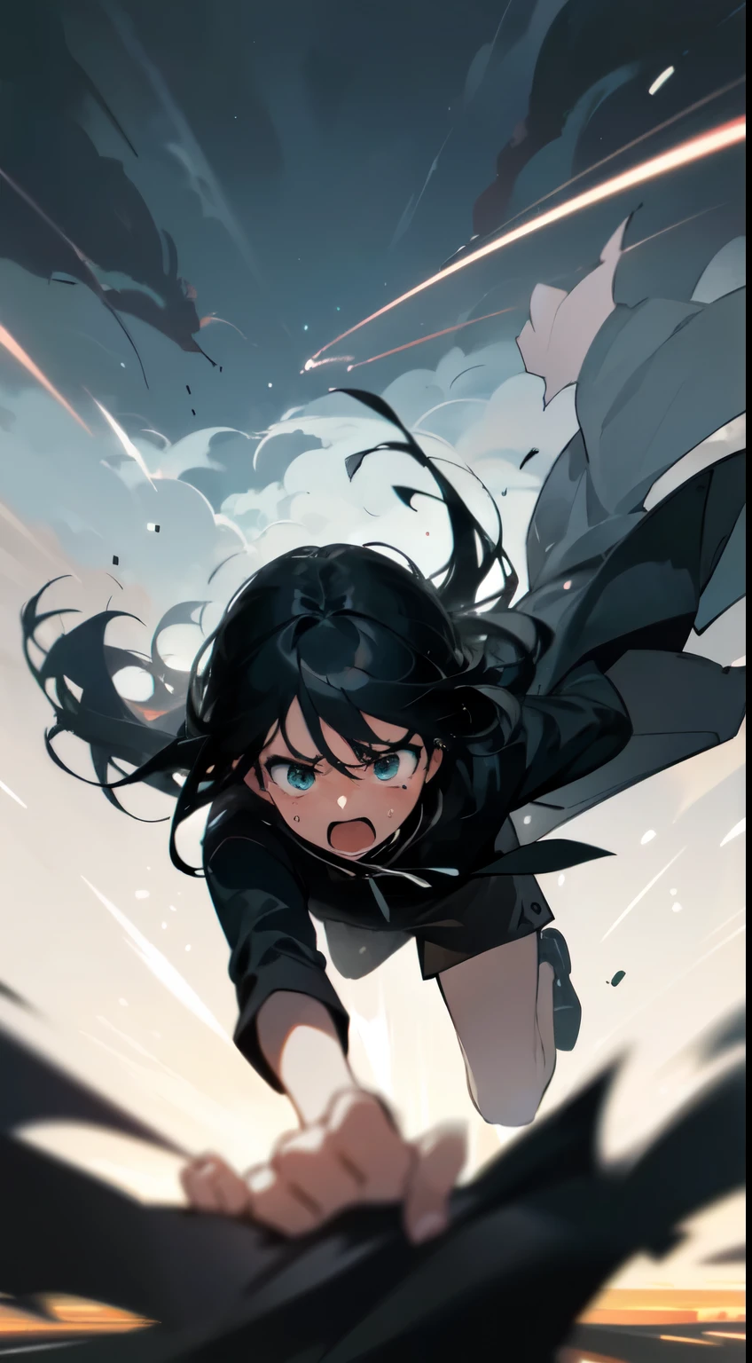 A girl, Terrified, detailed face, running away from someone on a starry night