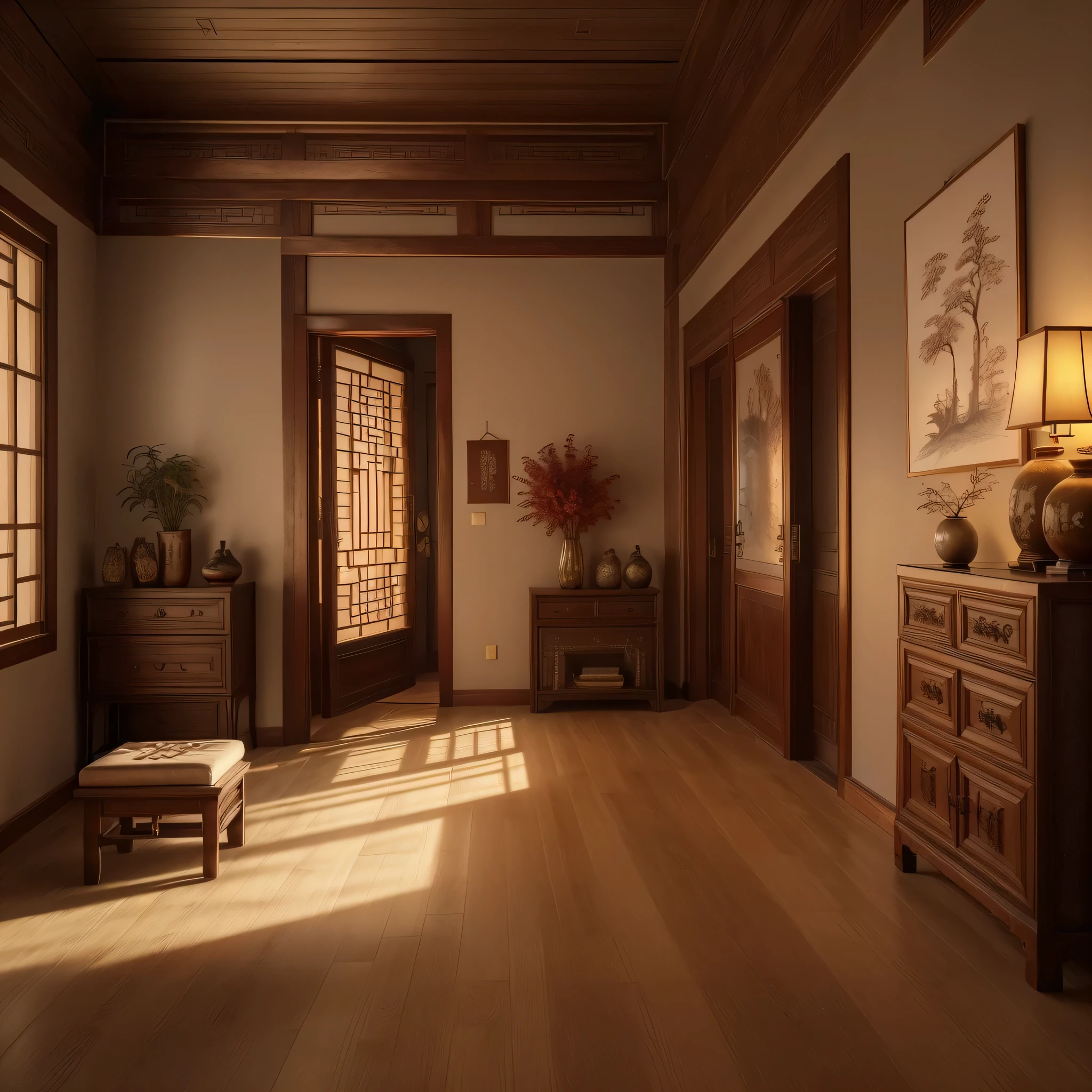 A traditional Chinese bedroom with antique wooden furniture, delicate carvings, and soft lighting, featuring ancient-style doors and elegant window coverings, ornate zither quietly placed in the corner, ink paintings hanging on the wall, exquisite jade carvings by the window, fragrant aroma diffusing throughout the room, displaying elegant calligraphy and antique artifacts, exuding a rich cultural atmosphere. (best quality,4k,8k,highres,masterpiece:1.2),ultra-detailed,(realistic,photorealistic,photo-realistic:1.37),traditional Chinese landscape,antique artistry,subtle and warm color palette,soft and natural lighting.