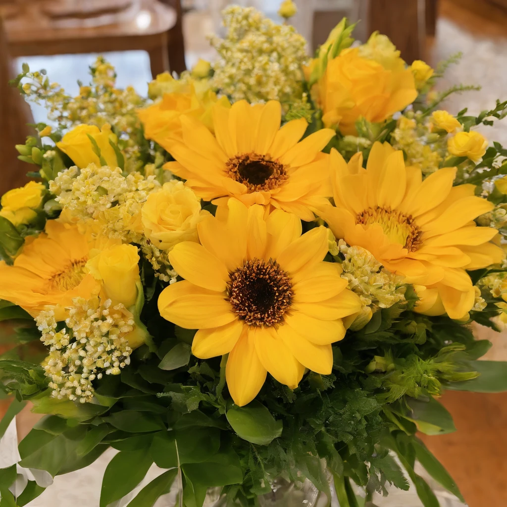 there is a bouquet of yellow  bouquet, yellow, moneyen flowers, yellow たくさん、flowers, niceな,, yellow、Aoba、bouquet, flowers, orange flowers,with yellow flowers around it, money flowers, yellow orange, flowers!!!!, Happy!!、beautiful、nice、money、light、bouquet、yellowのbouquet、小さいbouquet