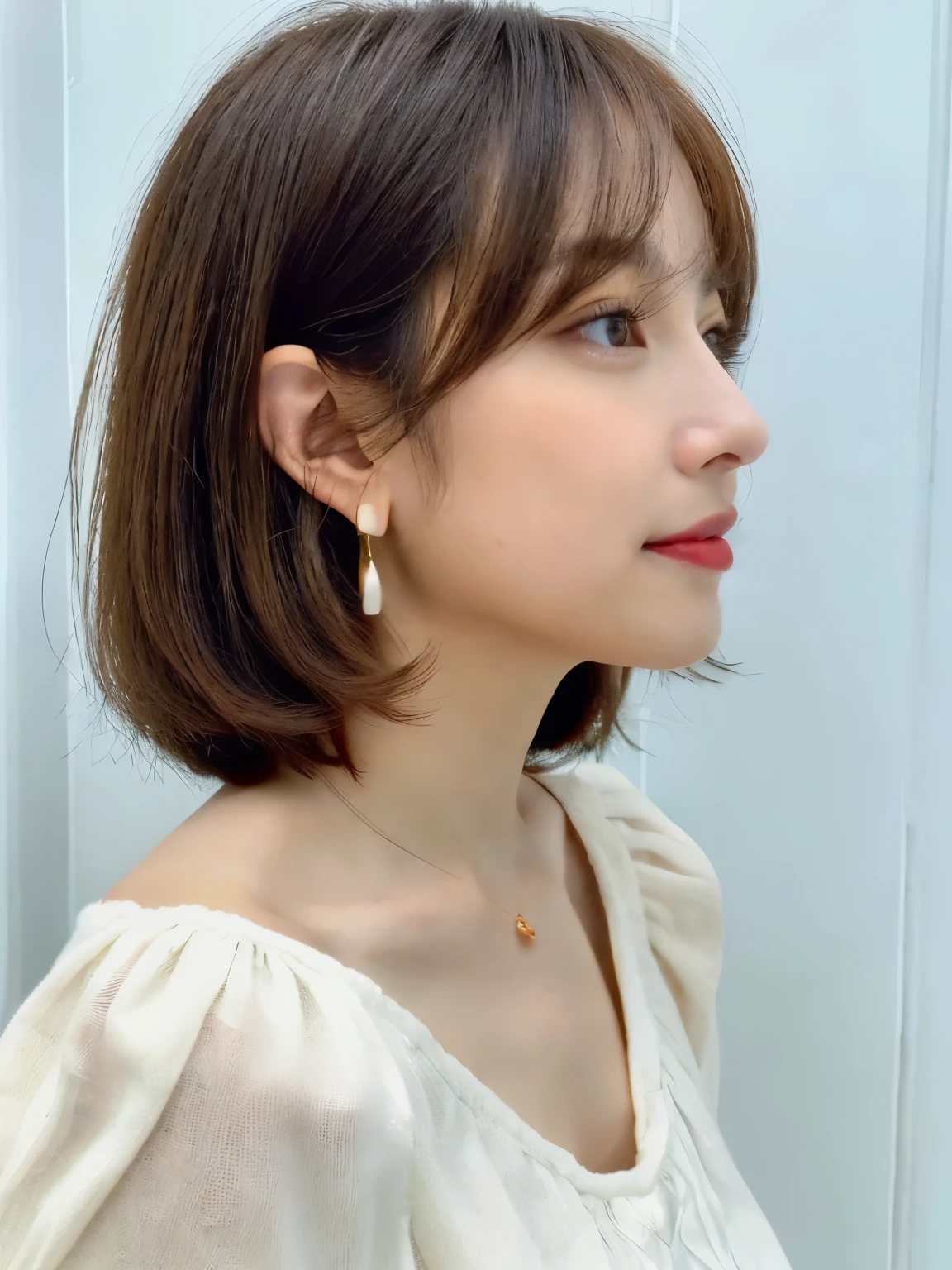 (8K、RAW photo、highest quality、masterpiece:1.2)、High-definition RAW color photo、professional photos、(realistic、photo realistic:1.37)、cinematic light、1 girl、laughter、white wall、Taken in front of the white door、((窓のあるwhite wallの部屋))、Versatile poses、Winter clothes、simple necklace、(Beautiful profile:1.3)、Don't look at the camera、profile、bob、bobヘア、bob cuts、((Light dull orange and dark hair color))、ロングbob、profile、normal detailed eyes、dark brown eyes、earrings、(White long-sleeved blouse)