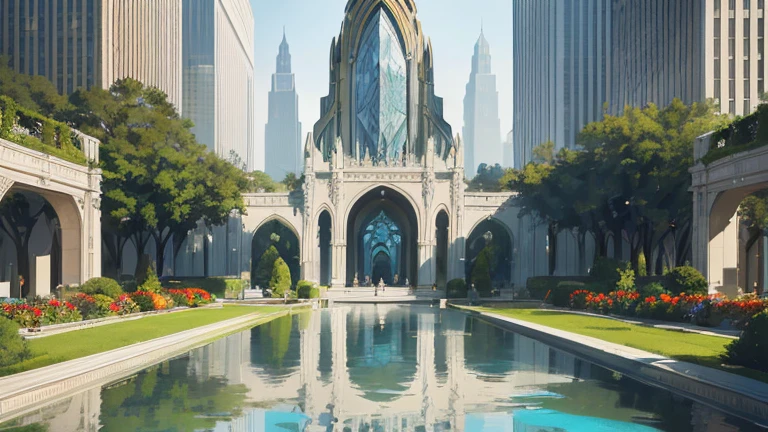 (Stunningly elegant and intricately designed), (Art Deco masterpiece), (Adorned with geometric patterns and metallic accents), (Best quality representation), (Impressive facade with sharp lines and clean angles), (A towering structure of grandeur and sophistication), (Brilliantly colored glass windows reflecting the sunlight), (Ornate detailing on every surface, from entrance to rooftop), (Sculpted figures and floral motifs embellishing the exterior), (Surrounded by lush greenery and vibrant flowers), (Reflecting pool adding to the serene ambiance), (A marvel of modern architecture, frozen in time).
