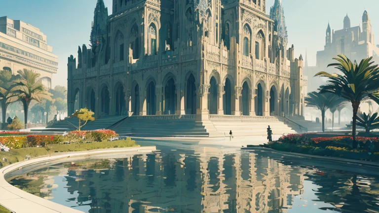 (Stunningly elegant and intricately designed), (Art Deco masterpiece), (Adorned with geometric patterns and metallic accents), (Best quality representation), (Impressive facade with sharp lines and clean angles), (A towering structure of grandeur and sophistication), (Brilliantly colored glass windows reflecting the sunlight), (Ornate detailing on every surface, from entrance to rooftop), (Sculpted figures and floral motifs embellishing the exterior), (Surrounded by lush greenery and vibrant flowers), (Reflecting pool adding to the serene ambiance), (A marvel of modern architecture, frozen in time).