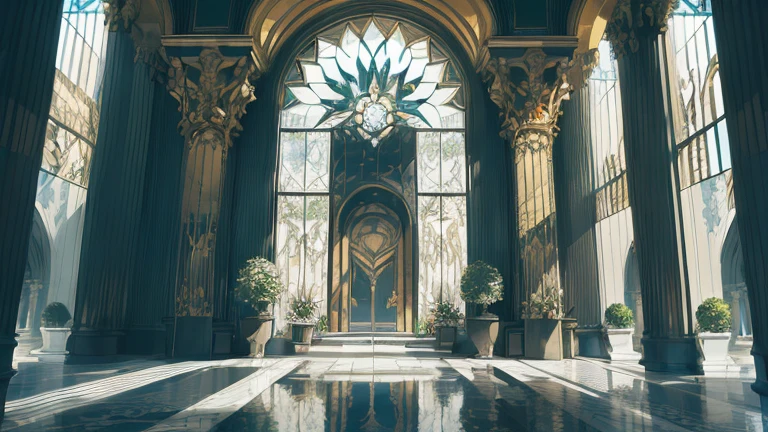 (Stunningly elegant and intricately designed), (Art Deco masterpiece), (Adorned with geometric patterns and metallic accents), (Best quality representation), (Impressive facade with sharp lines and clean angles), (A towering structure of grandeur and sophistication), (Brilliantly colored glass windows reflecting the sunlight), (Ornate detailing on every surface, from entrance to rooftop), (Sculpted figures and floral motifs embellishing the exterior), (Surrounded by lush greenery and vibrant flowers), (Reflecting pool adding to the serene ambiance), (A marvel of modern architecture, frozen in time).