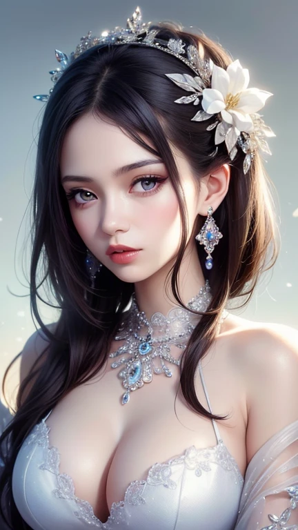  4K, A high resolution, ultra-detailed, masterpiece, Elegant dynamic portrait，a stunning beautiful girl, big breasts, long hair,  Blue hair tied up elegantly, Decorate with jewelry, a diamond necklace, (Put on a big cloak), Clear purple eyes,  beautiful and clear eyes,  delicate necklace, delicate earrings (Hair decorated with delicate flower arrangements, crystal jewelry string), (looking at viewer)