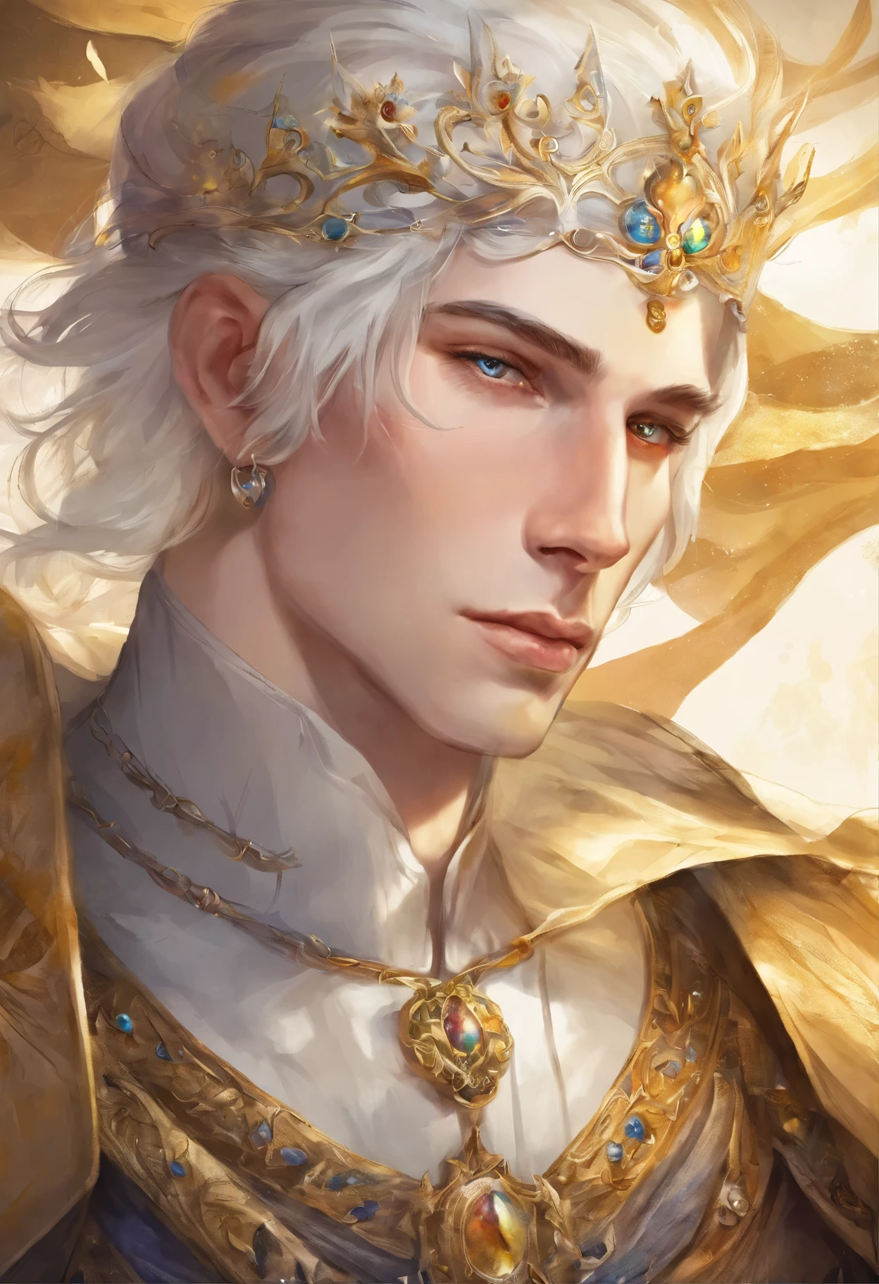 Close-up of a man with white hair and a crown, blonde boy with yellow eyes, Portrait of a magical blond prince, fantasy male portrait, fanart best art station, portrait of a young male prince, Ian J., with glowing yellow eyes, Stunning anime face portrait, inspired Ian J.in, beautiful androgynous prince, Ryan Glitter Concept Artist