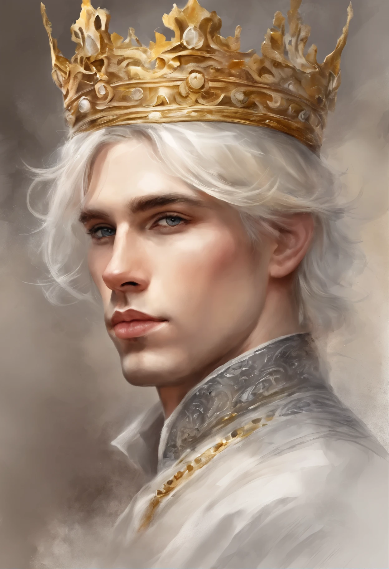 Close-up of a man with white hair and a crown, blonde boy with yellow eyes, Portrait of a magical blond prince, fantasy male portrait, fanart best art station, portrait of a young male prince, Ian J., with glowing yellow eyes, Stunning anime face portrait, inspired Ian J.in, beautiful androgynous prince, Ryan Glitter Concept Artist