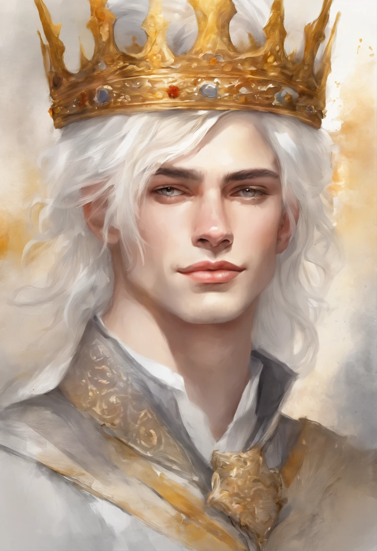 Close-up of a man with white hair and a crown, blonde boy with yellow eyes, Portrait of a magical blond prince, fantasy male portrait, fanart best art station, portrait of a young male prince, Ian J., with glowing yellow eyes, Stunning anime face portrait, inspired Ian J.in, beautiful androgynous prince, Ryan Glitter Concept Artist