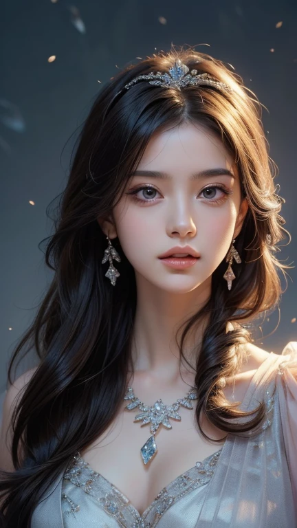 4K, A high resolution, ultra-detailed, masterpiece, Elegant dynamic portrait,a stunning beautiful girl, big breasts, long hair, Blue hair tied up elegantly, Decorate with jewelry, a diamond necklace, (Put on a big cloak), Clear purple eyes, beautiful and clear eyes, delicate necklace, delicate earrings (Hair decorated with delicate flower arrangements, crystal jewelry string), (looking at viewer)