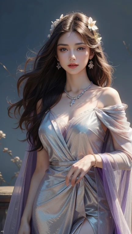 4K, A high resolution, ultra-detailed, masterpiece, Elegant dynamic portrait,a stunning beautiful girl, big breasts, long hair, Blue hair tied up elegantly, Decorate with jewelry, a diamond necklace, (Put on a big cloak), Clear purple eyes, beautiful and clear eyes, delicate necklace, delicate earrings (Hair decorated with delicate flower arrangements, crystal jewelry string), (looking at viewer)