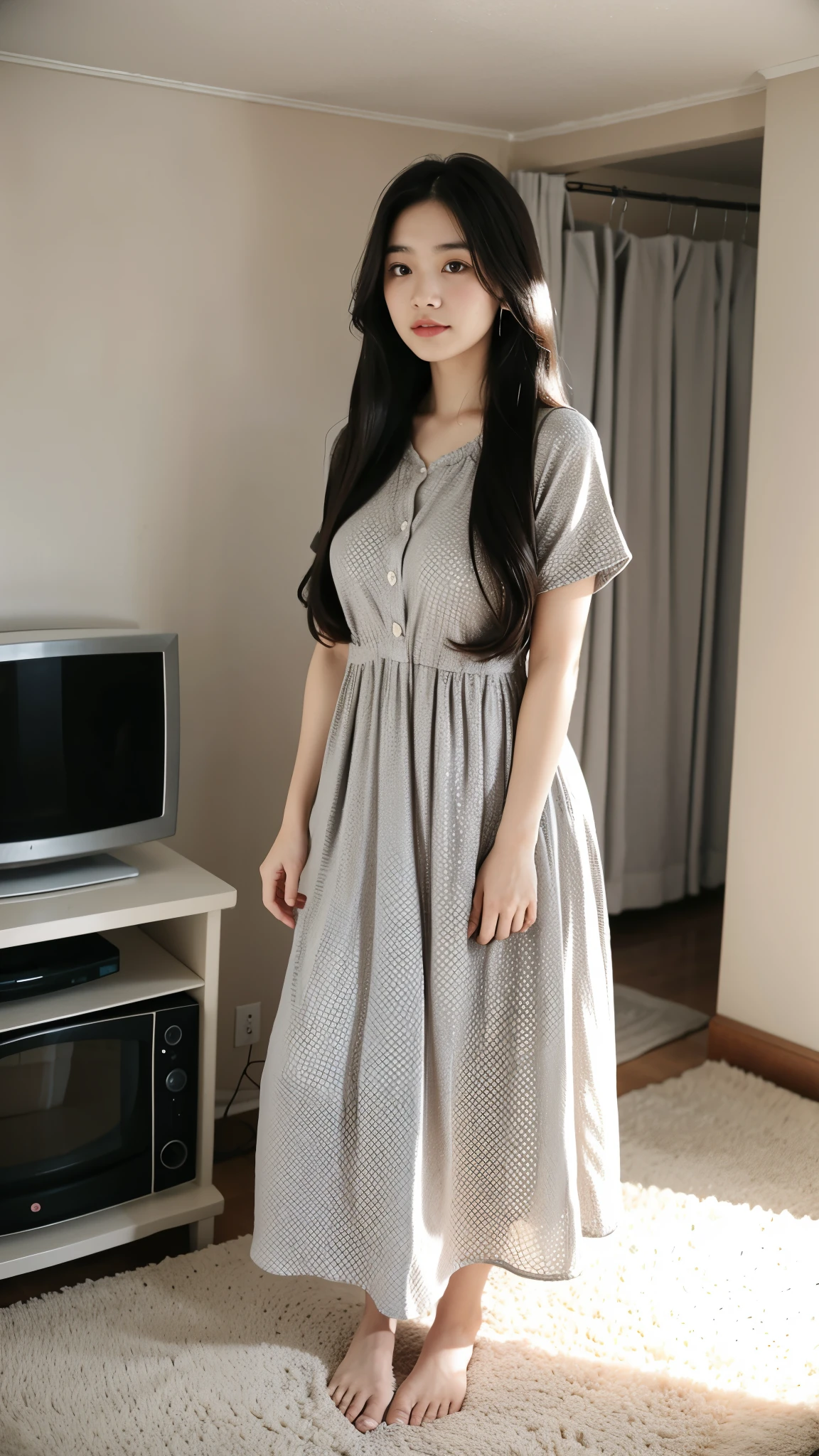 a girl with long hair in a gray dress with polka dots, standing in an old apartment, a carpet hanging on the wall, an old TV in the background