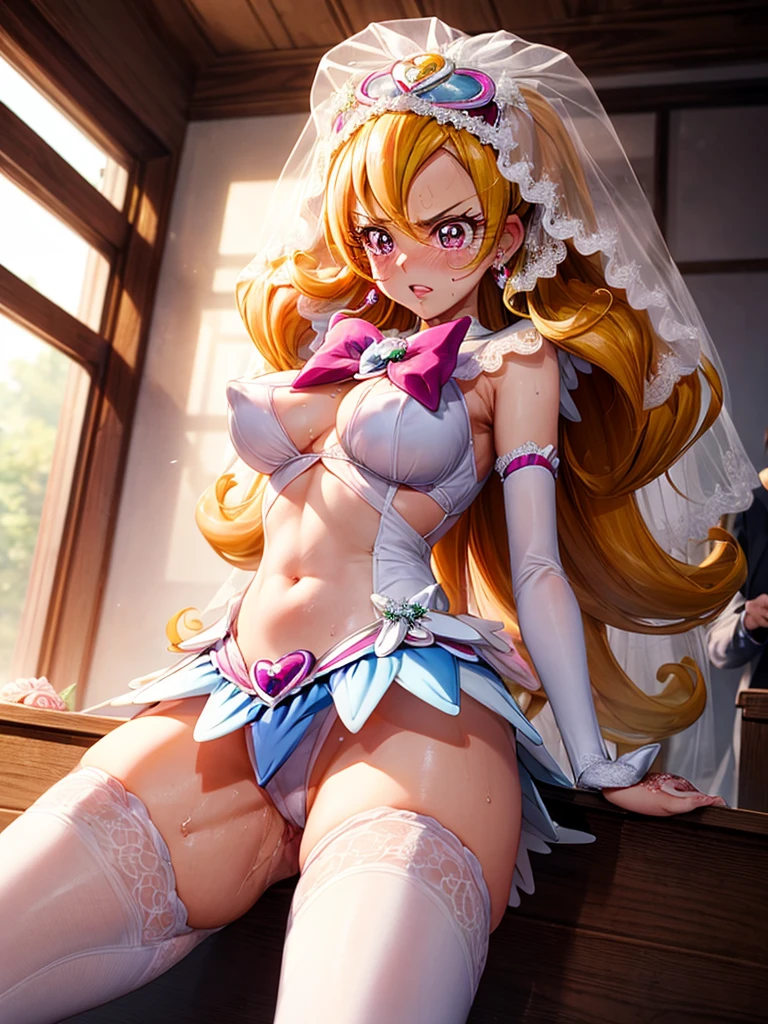 hight resolution, top-quality, ultra-quality, The ultra-detailliert, lighting like a movie、full of sweat、Wearing sweat、(((((sexy precure wedding)))))、、、(My whole body is sweaty、after sex、spread legs and show off pussy、not wearing underwear、accurate anatomy、beautiful nipples、protest、angry face、blush、masturbation、Show your)、Obscene atmosphere、Front Camera Angle