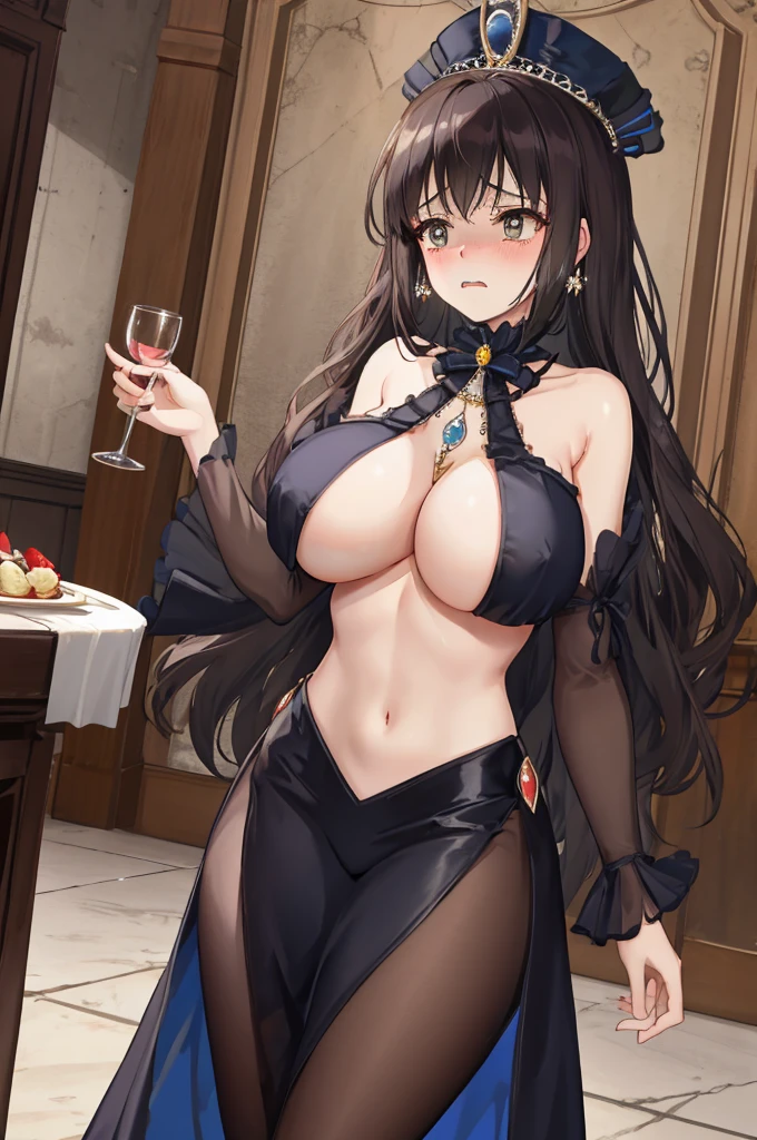 A woman with big ,Young princess,victorian style,clavicle,Prominent and smooth underboob,exquisite,pubic,at the banquet,shed tears,Fear,