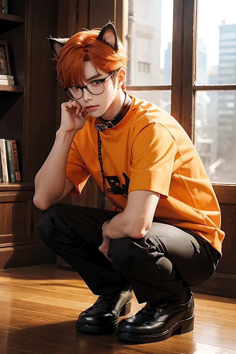 kpop guy, glasses, cat ears, cat tail, orange hair, collar, squatting, indoors