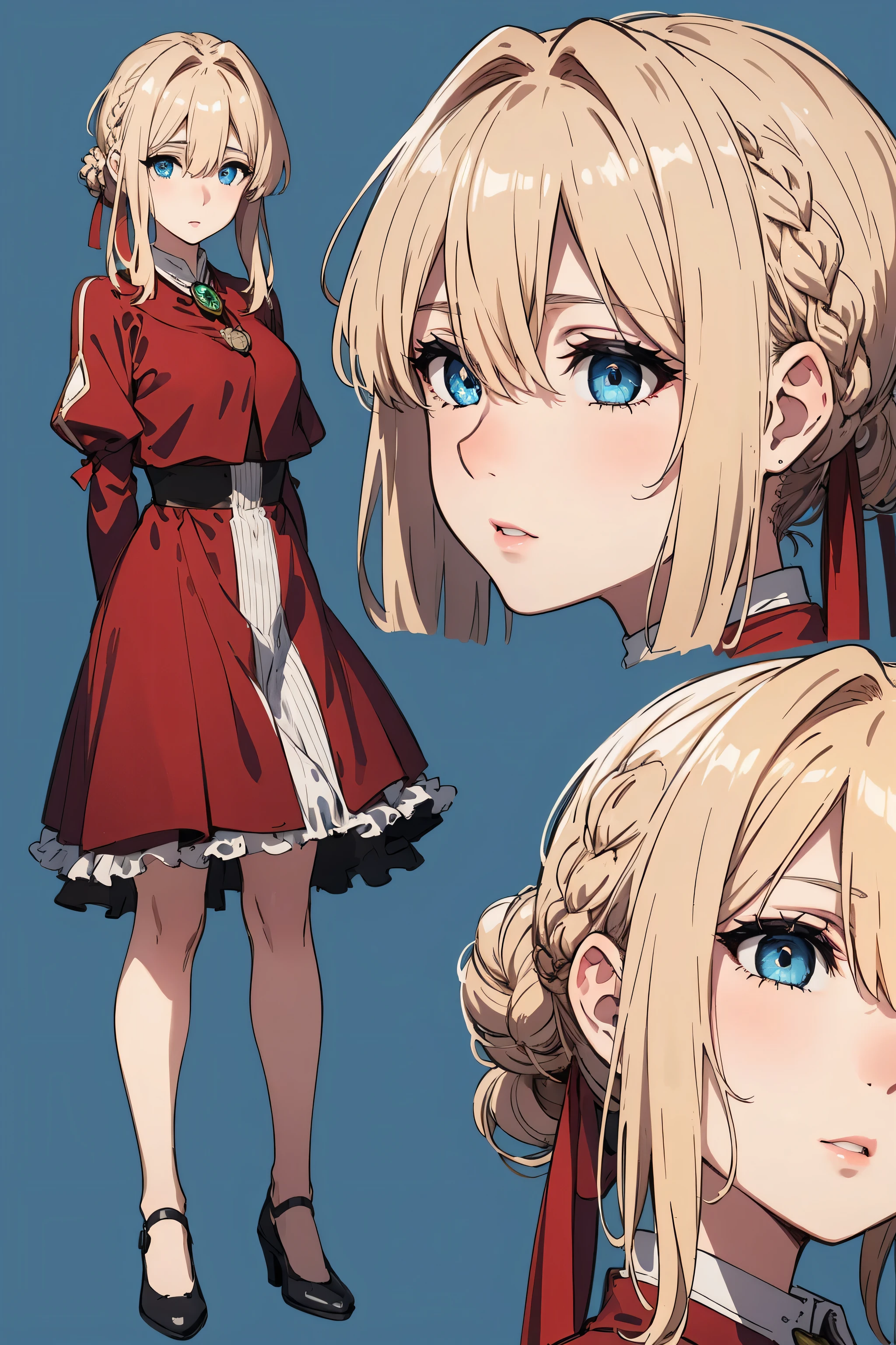 violet evergarden, braid, hair ribbon, red ribbon, jewelry,
BREAK (red dress:1.2),
BREAK (multiple views:1.5),from behind,from_front,(blue background:1.3),(full body:1.4),arms at sides
BREAK grass, field, flower
BREAK (masterpiece:1.2), best quality, high resolution, unity 8k wallpaper, (illustration:0.8), (beautiful detailed eyes:1.6), extremely detailed face, perfect lighting, extremely detailed CG, (perfect hands, perfect anatomy),