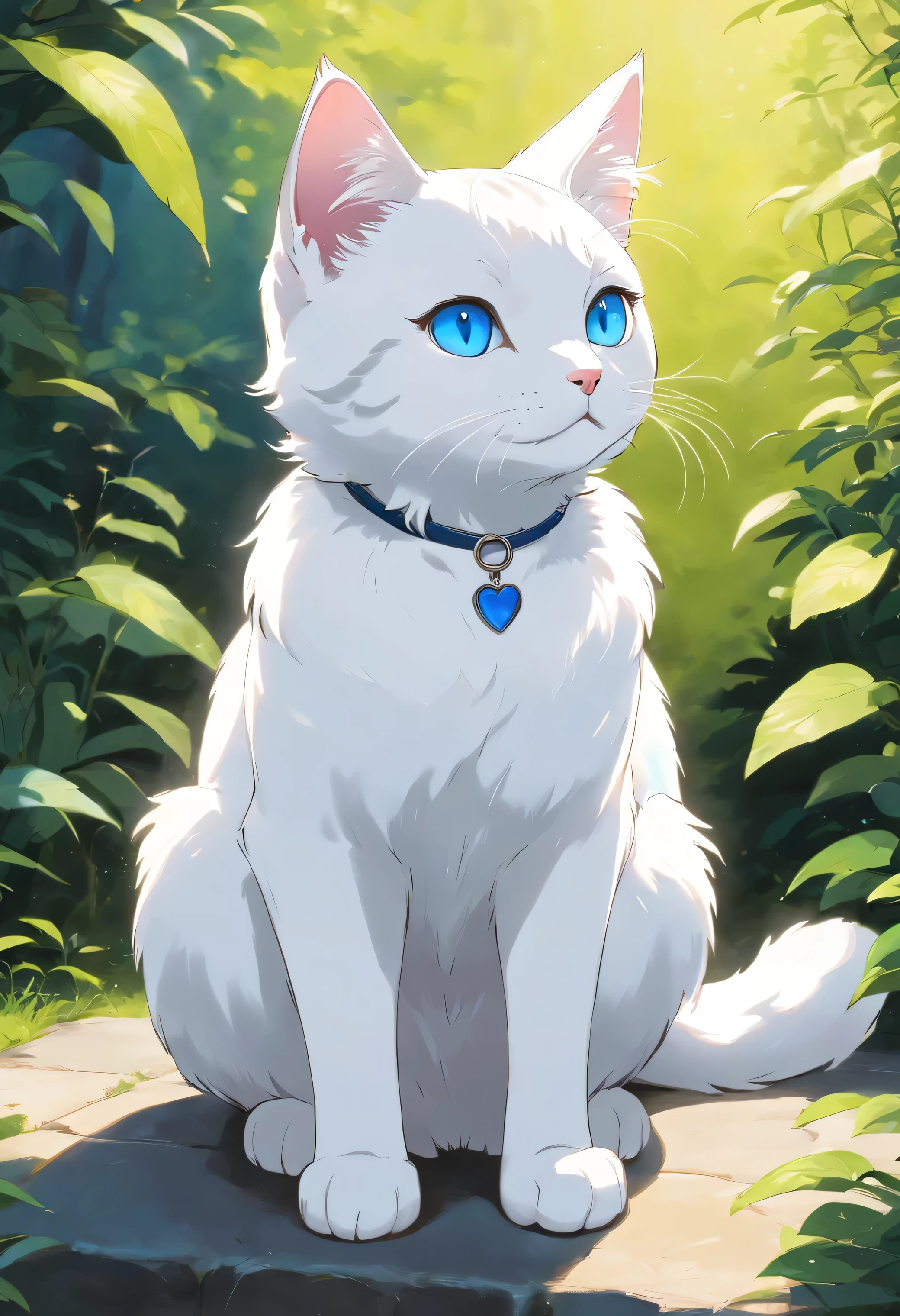 A cute white cat with glossy blue eyes,looking to another side, full body, detailed, sitting,vivid colors, cute,Black and white tabby cat,Lazy,Love to be coquettish, simple background