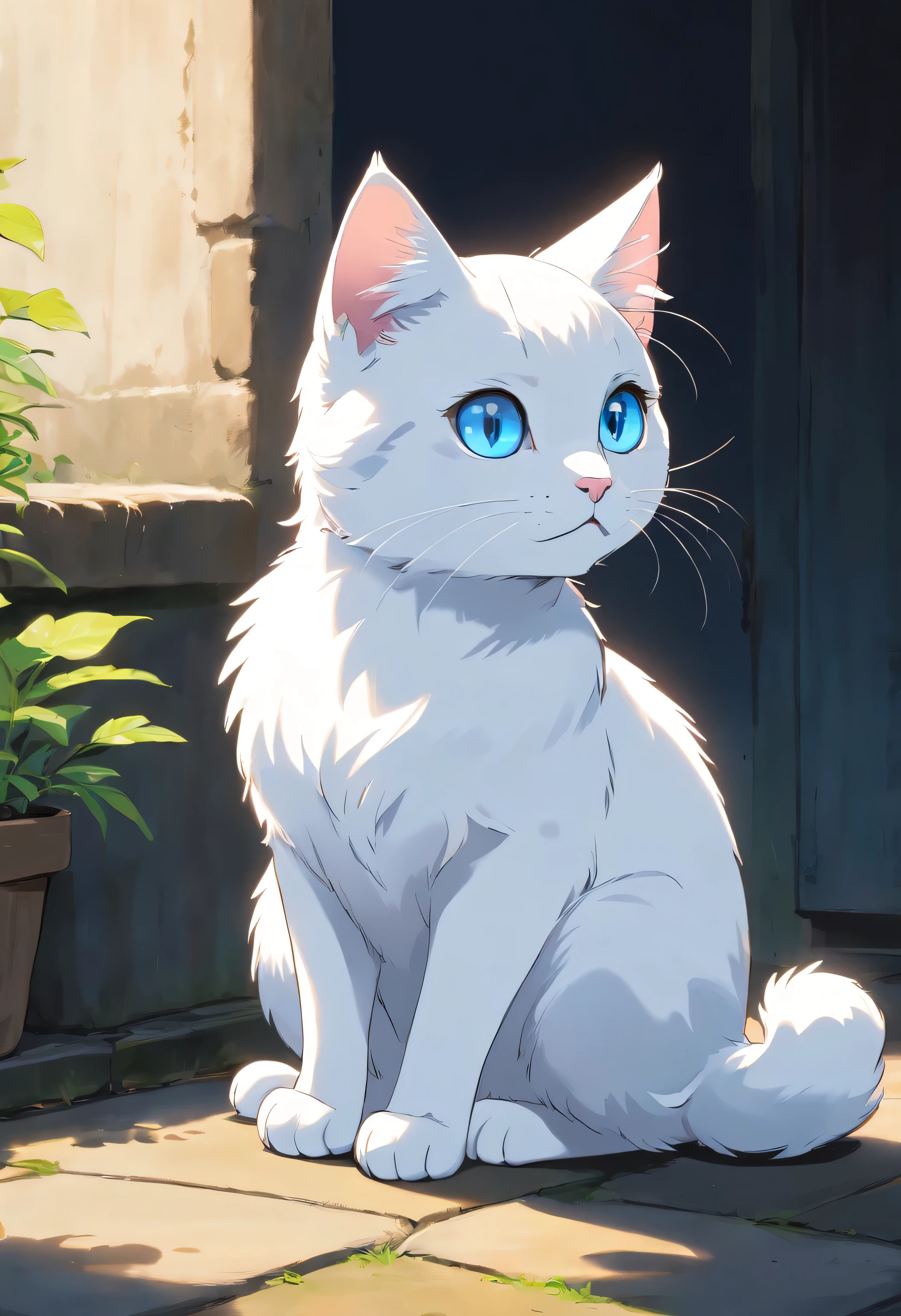 A cute white cat with glossy blue eyes,looking to another side, full body, detailed, sitting,vivid colors, cute,Black and white tabby cat,Lazy,Love to be coquettish, simple background