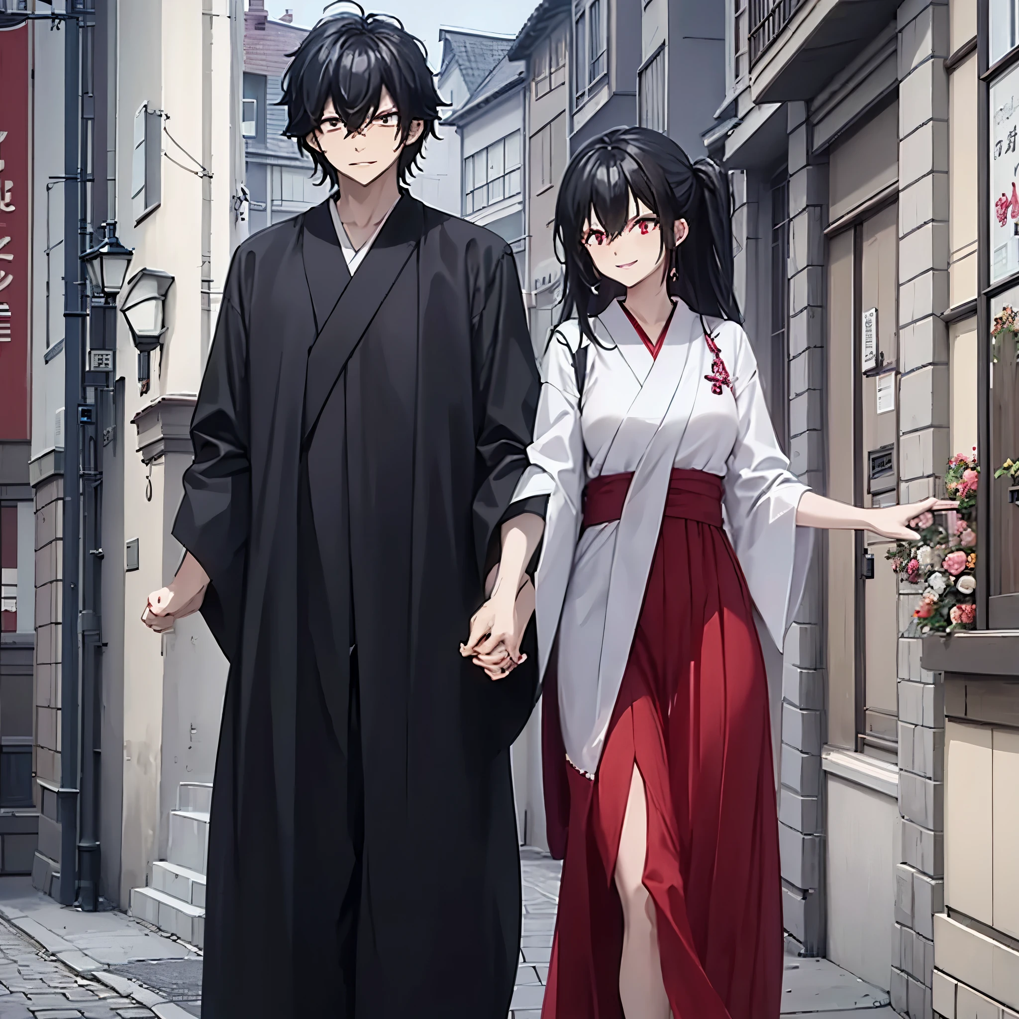 a man in black casual clothes, holding the hand of a woman (eye red) in a white casual dress in a Japanese city, smiling.
