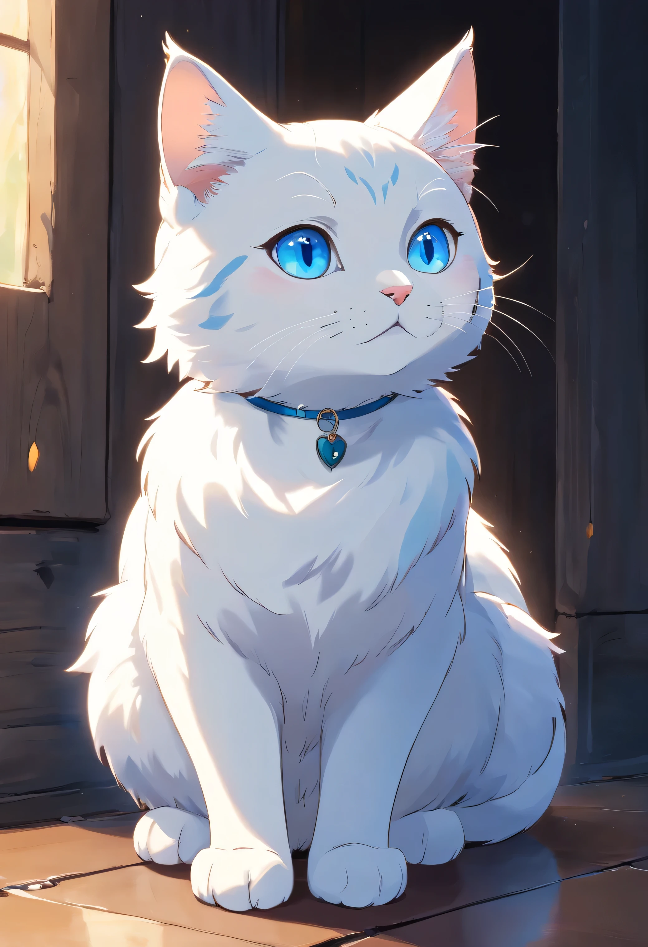 A cute white cat with glossy blue eyes,looking to another side, full body, detailed, sitting,vivid colors, cute,Black and white tabby cat,Lazy,Love to be coquettish, simple background