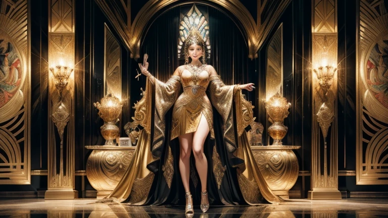 (Masterpiece, Best Aesthetic, Art Deco Painting), Elegant and ornate, Golden and metallic accents, Geometric and intricate patterns, Illustrated on a large canvas, Vibrant and bold color palette, Exquisitely detailed, Fine-grained texture, Realistic and photorealistic, Captivating and stunning visual effects, Absolute beauty with a rich history, grandeur and sophistication, Opulent and decadent, Detailed and intricately designed, Ultra-high resolution, 4K and 8K image quality, Shining and reflective, Timeless and classic, a true representation of the Art Deco style.