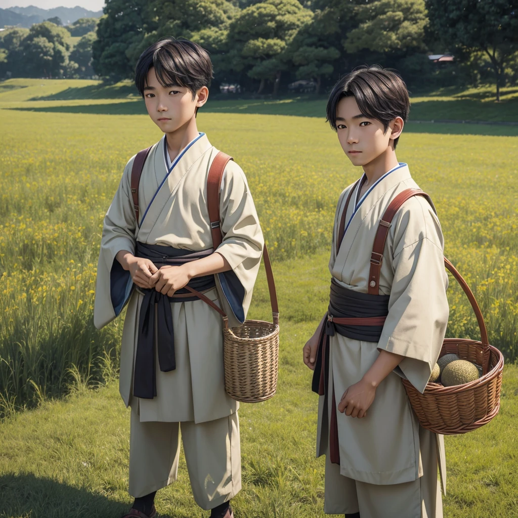  High resolution, Super detailed, masterpiece, highest quality,oriental、boy、boy working in the field、grassland、Basket Bag、Wearing traditional Japanese costumes、Japan ancient hairstyles、game poster、alone、