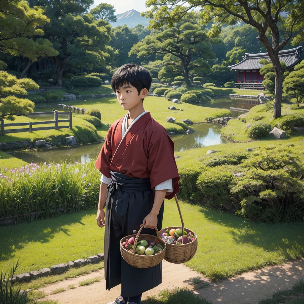  High resolution, Super detailed, masterpiece, highest quality,oriental、boy、boy working in the field、grassland、Basket Bag、Wearing traditional Japanese costumes、Japan ancient hairstyles、game poster、alone、