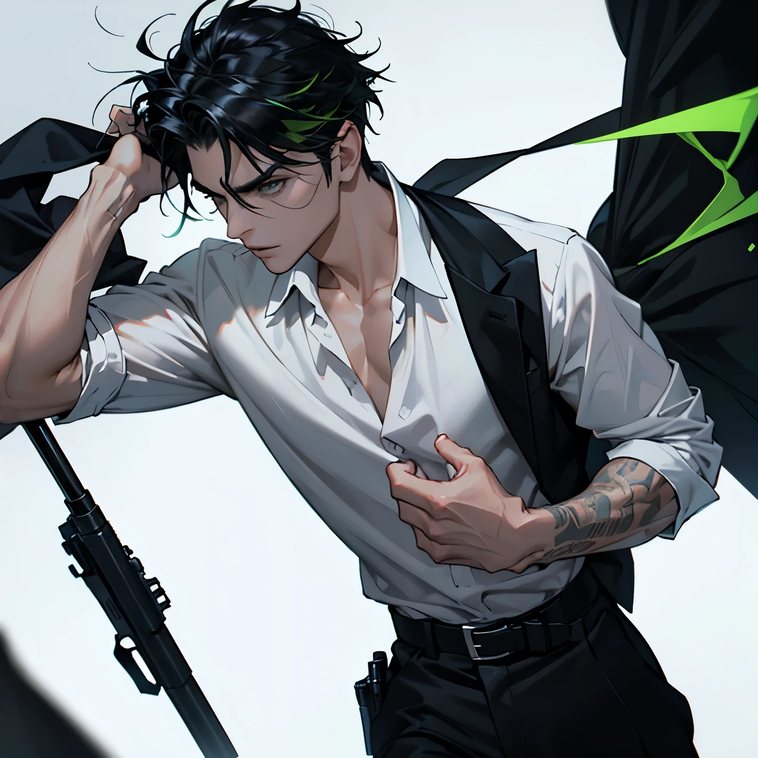 An assassin man with black curtain hair but highlight with neon green. Black eyes and wearing classes. Smoking with a assassin white shirt and gun behind his back