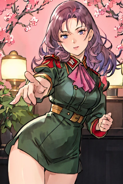 red,Pink military uniform,
purple hair ,blue eyes,lipstick, long hair,
1 girl, 20 years,young women,beautiful Finger,beautiful long legs,beautiful body,beautiful Nose,beautiful character design, perfect eyes, perfect Face,expressive eyes, looking at the audience, in the center of the image,(Light_Smile:0.5), official art,Extremely detailed CG unified 8k wallpaper, perfect Lighting,rich and colorful, bright_front_Face_灯Light,有Light泽的皮肤, (masterpiece:1.0),(the best_quality:1.0), 超high resolution,4K,Super detailed, photography, 8k, human development report, high resolution, ridiculous:1.2, Kodak Portrait 400, film grain, blurred background, Bokeh:1.2, 镜头Light晕, (energetic_color:1.2) (beautiful,big deal_breast:1.0), (beautiful_Face:1.5),(narrow_waist)