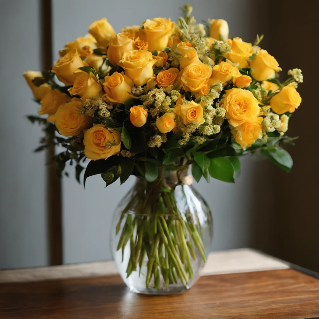 there is a bouquet of yellow bouquet, yellow, moneyen flowers, yellow たくさん、flowers, niceな,, yellow、Aoba、bouquet, flowers, orange flowers,with yellow flowers around it, money flowers, yellow orange, flowers!!!!, Happy!!、beautiful、nice、money、light、bouquet、yellowのbouquet、小さいbouquet、昼間の窓辺にあるbouquet、